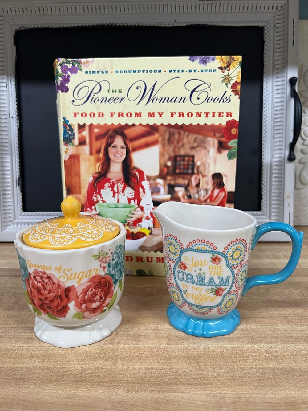 Pioneer Woman Cookbook with Floral Sugar Jar & Creamer Set - Yellow, Blue, Red